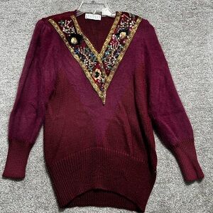 Shannan Vintage Woman’s Angora blend Jeweled V Neck Sweater Size Medium